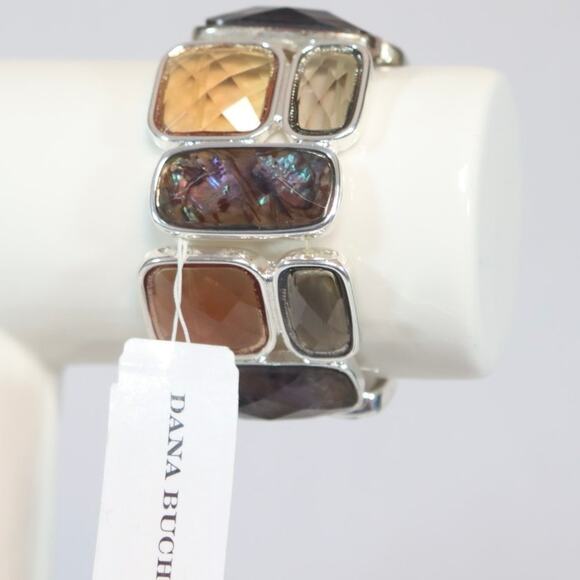 Dana Buchman Stretch Bracelet Silver Tone Bezel Faceted Brown Colored Stones - Picture 1 of 9